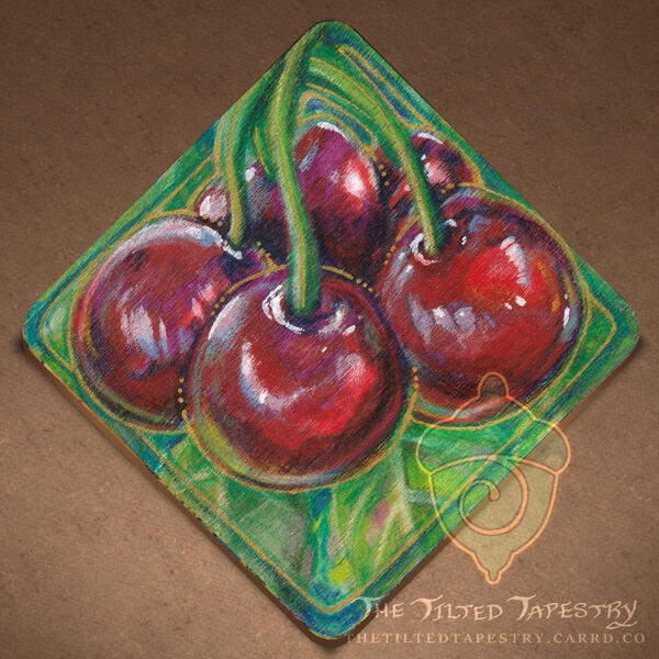 "Cherries" 3" x 3" Ink, Alcohol Markers, Acrylics, & Colored Pencils on Wood