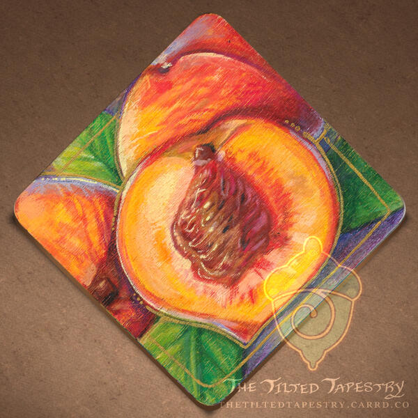 "Peach Pit" 3" x 3" Ink, Alcohol Markers, Acrylics, & Colored Pencils on Wood