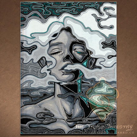 Centered illustration of a woman emitting a fog from parted lips that fills the entire composition around her. Her eyes are closed, and her hair is white and billowing like the fog. There is strong contrast in her form, with large swaths of shadow on her r